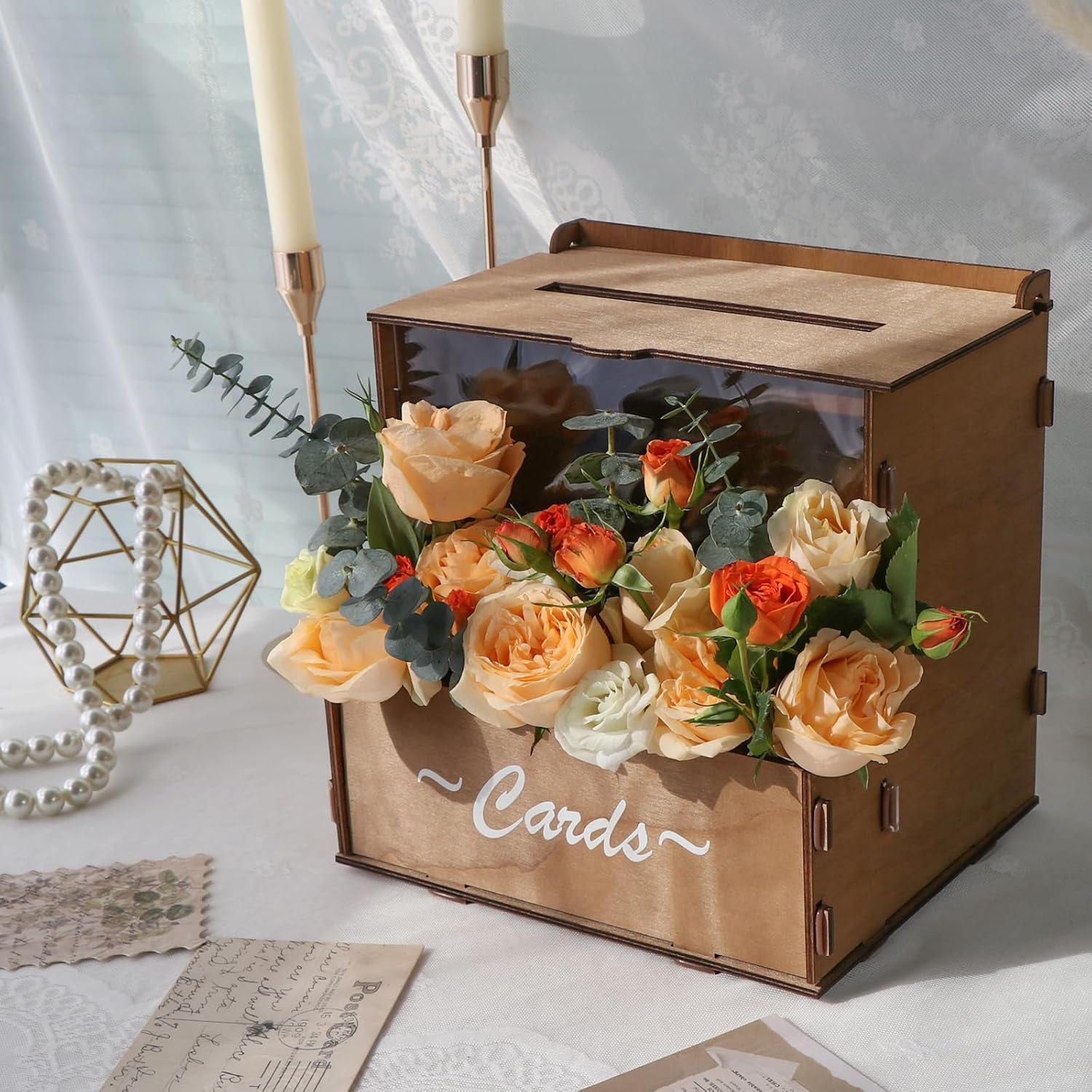 Wedding Card Box - Wood Wedding Card Box with Flower